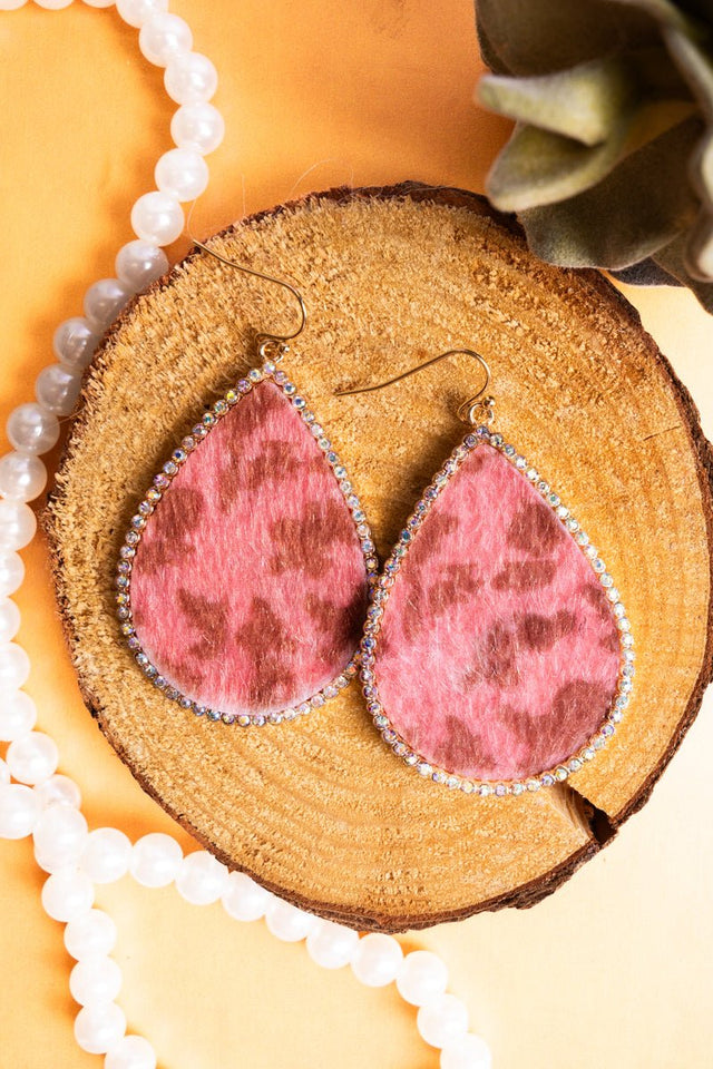 Pink Faux Fur and Crystal Teardrop Earrings - Wholesale Accessory Market