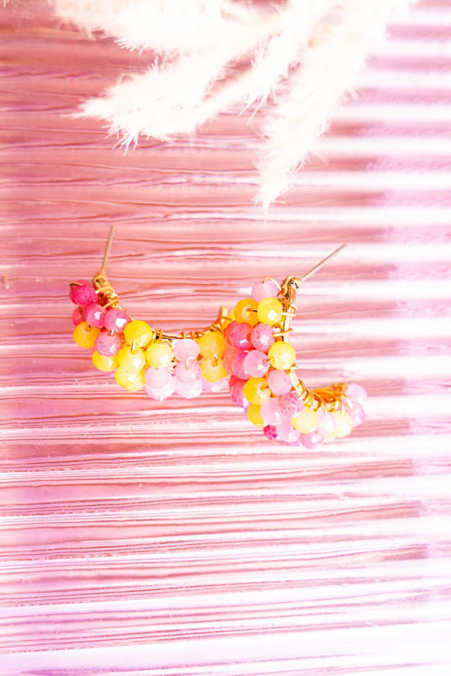 Summer Shades Pink and Yellow Faceted Beaded Goldtone Hoop Earrings - Wholesale Accessory Market