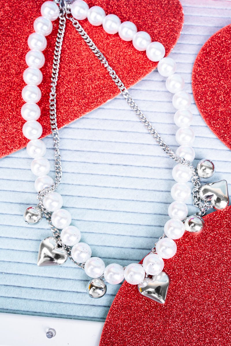 Heart To Heart Silvertone and Pearl Heart Beaded Necklace Set - Wholesale Accessory Market