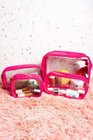 Travel Time Fuchsia and Clear 4 Piece Pouch Set - Wholesale Accessory Market