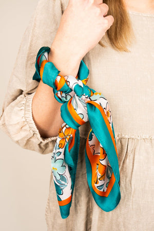 Turquoise Watercolor Floral Polyester Scarf - Wholesale Accessory Market