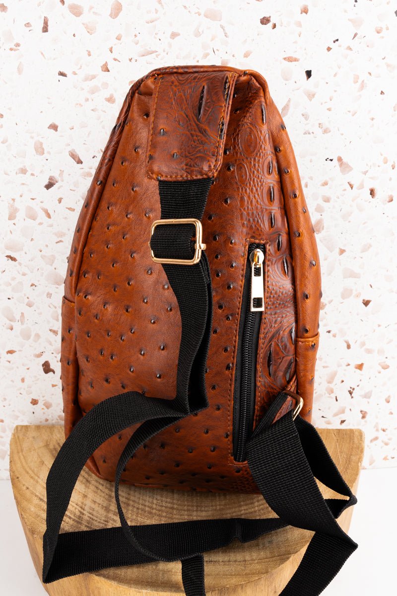 NGIL Brown Small Faux Ostrich Rylee Sling Bag - Wholesale Accessory Market