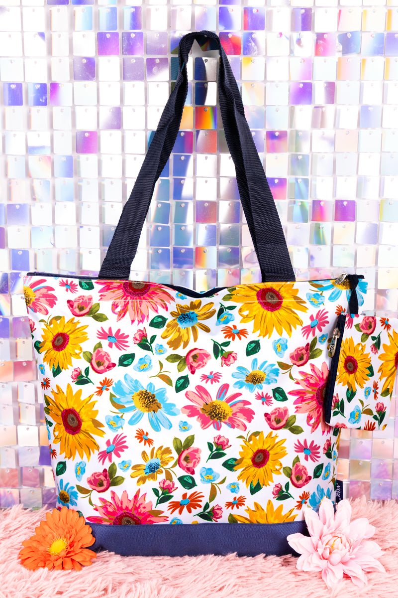 NGIL Bloom And Grow with Navy Trim Tote Bag - Wholesale Accessory Market