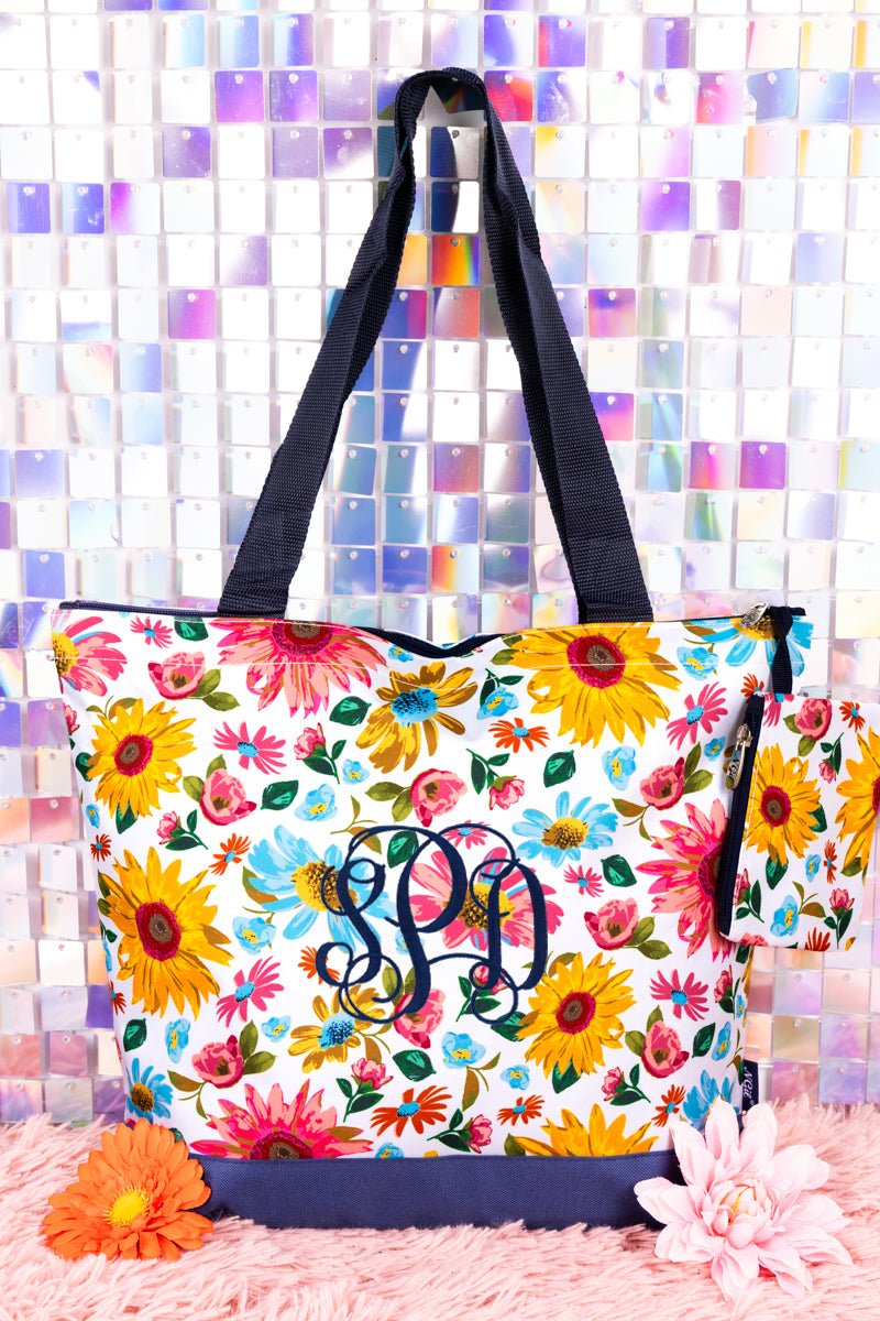 NGIL Bloom And Grow with Navy Trim Tote Bag - Wholesale Accessory Market