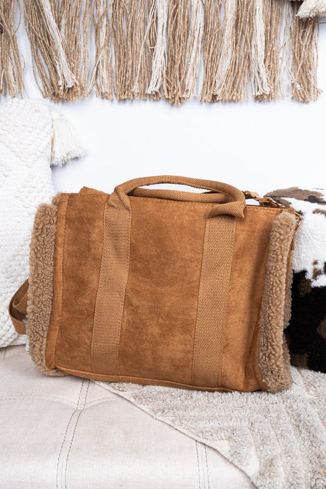 Be Clever Aspen Adventure Sherpa Trimmed Brown Faux Suede Tote - Wholesale Accessory Market