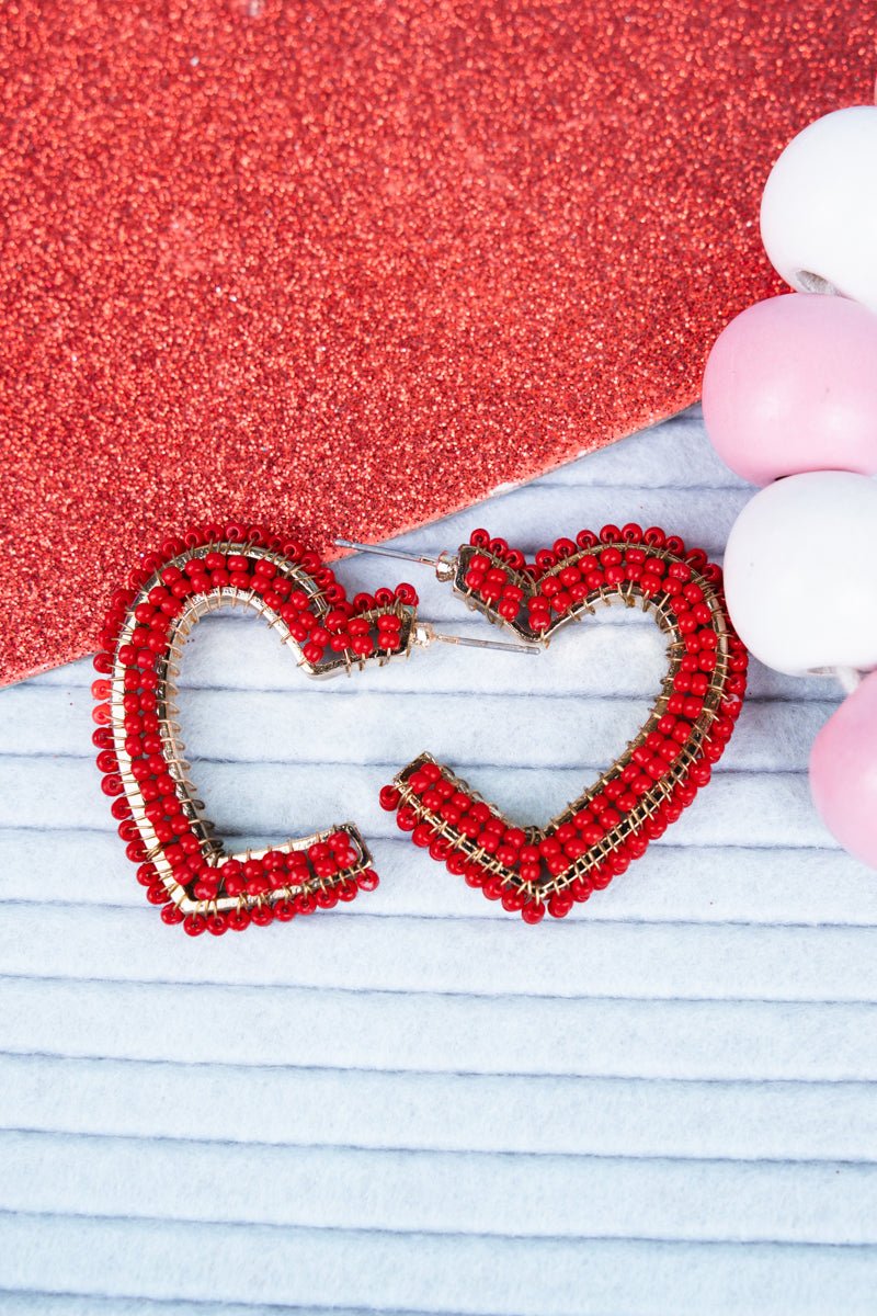 Open Hearted Red Beaded Goldtone Earrings - Wholesale Accessory Market