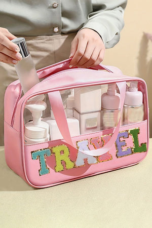 PREORDER! ETA 10/25 Chenille 'Travel' Light Pink and Clear Makeup Bag **SHIPPING EXPECTED TO BEGIN ON DATE 10/25** - Wholesale Accessory Market