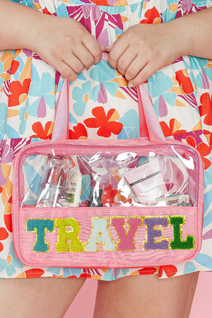 PREORDER! ETA 10/25 Chenille 'Travel' Light Pink and Clear Makeup Bag **SHIPPING EXPECTED TO BEGIN ON DATE 10/25** - Wholesale Accessory Market