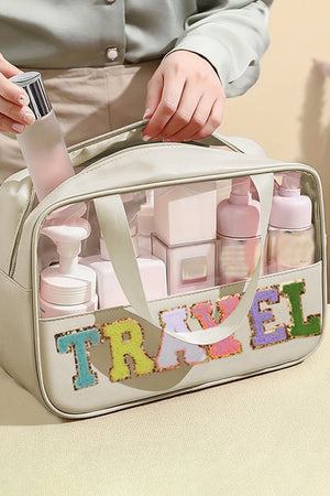 PREORDER! ETA 10/25 Chenille 'Travel' Parchment and Clear Makeup Bag **SHIPPING EXPECTED TO BEGIN ON DATE 10/25** - Wholesale Accessory Market