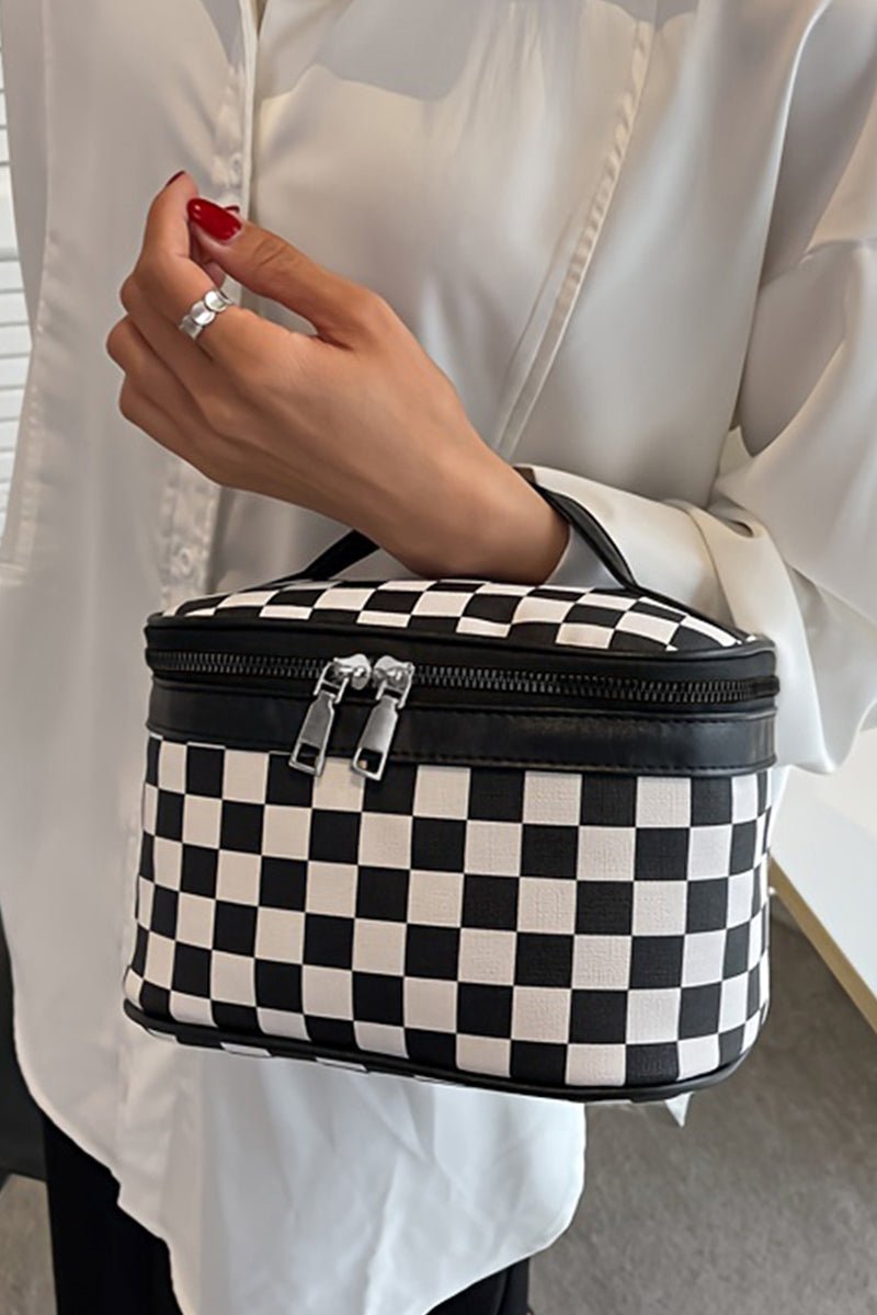 Black Checked Zipper Cosmetic Bag With Handle - Wholesale Accessory Market