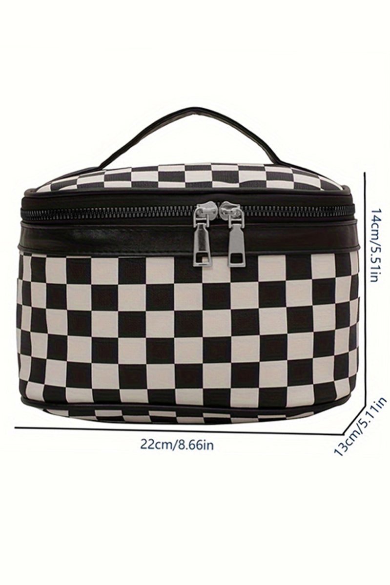 Black Checked Zipper Cosmetic Bag With Handle - Wholesale Accessory Market