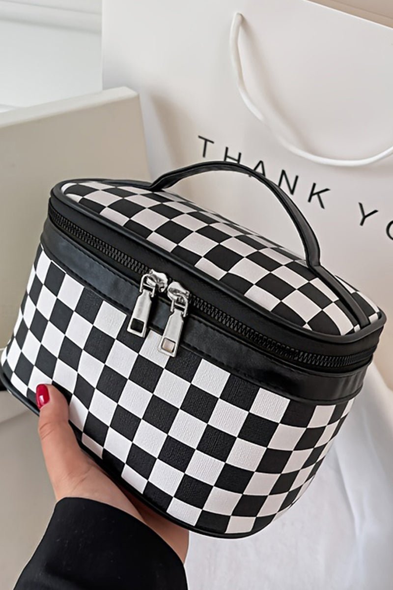 Black Checked Zipper Cosmetic Bag With Handle - Wholesale Accessory Market