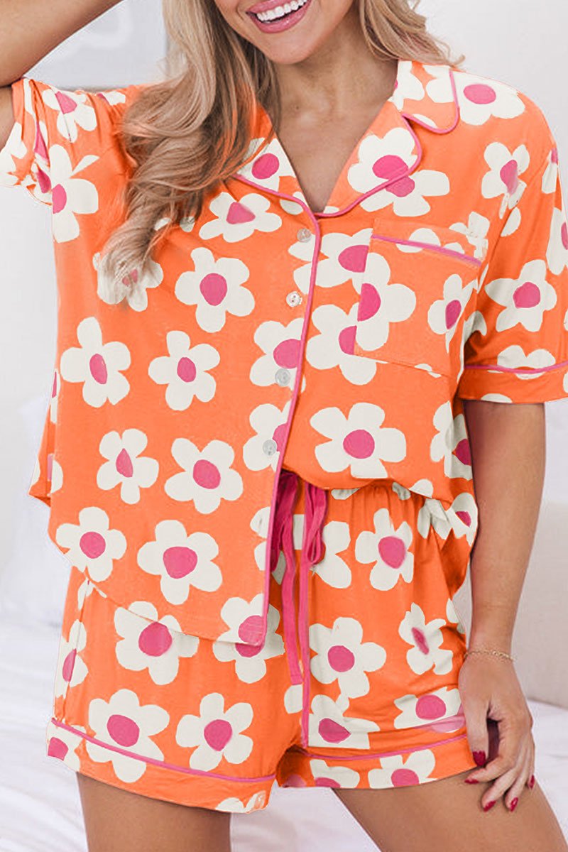 Garden Dreams Orange Button Top and Shorts Pajama Set - Wholesale Accessory Market