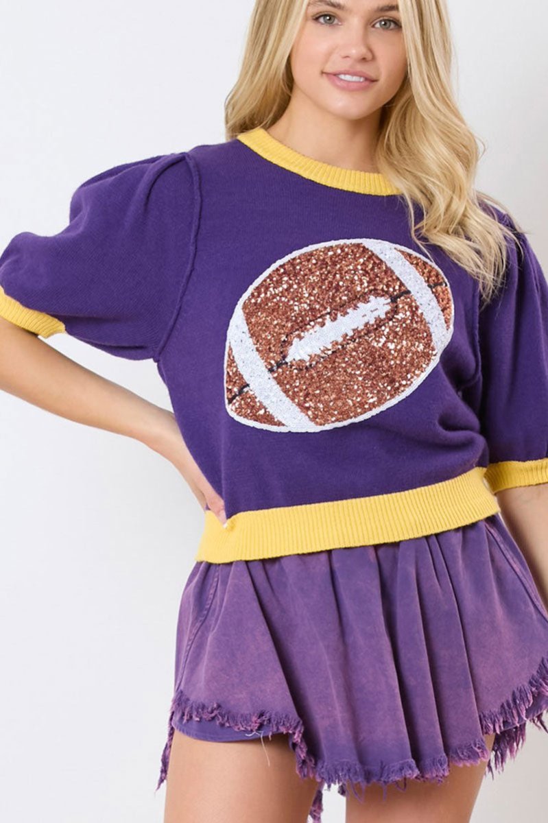 Sequin Football Purple & Yellow Short Sleeve Sweater - Wholesale Accessory Market