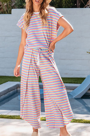 Candy Coated Pink Stripe Tee and Tasseled Drawstring Pants Set - Wholesale Accessory Market