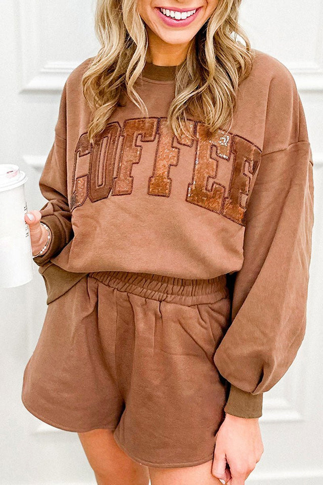 Always Coffee Time Loose Fit Sweatshirt and Shorts Set - Wholesale Accessory Market