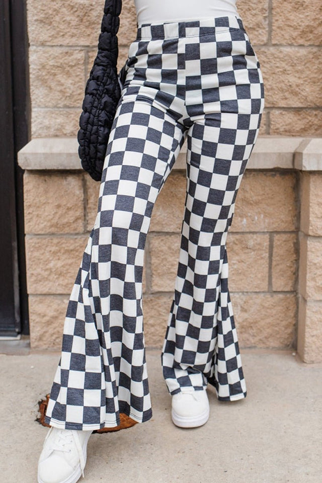 Black Kasie Check Flared High Rise Pants - Wholesale Accessory Market