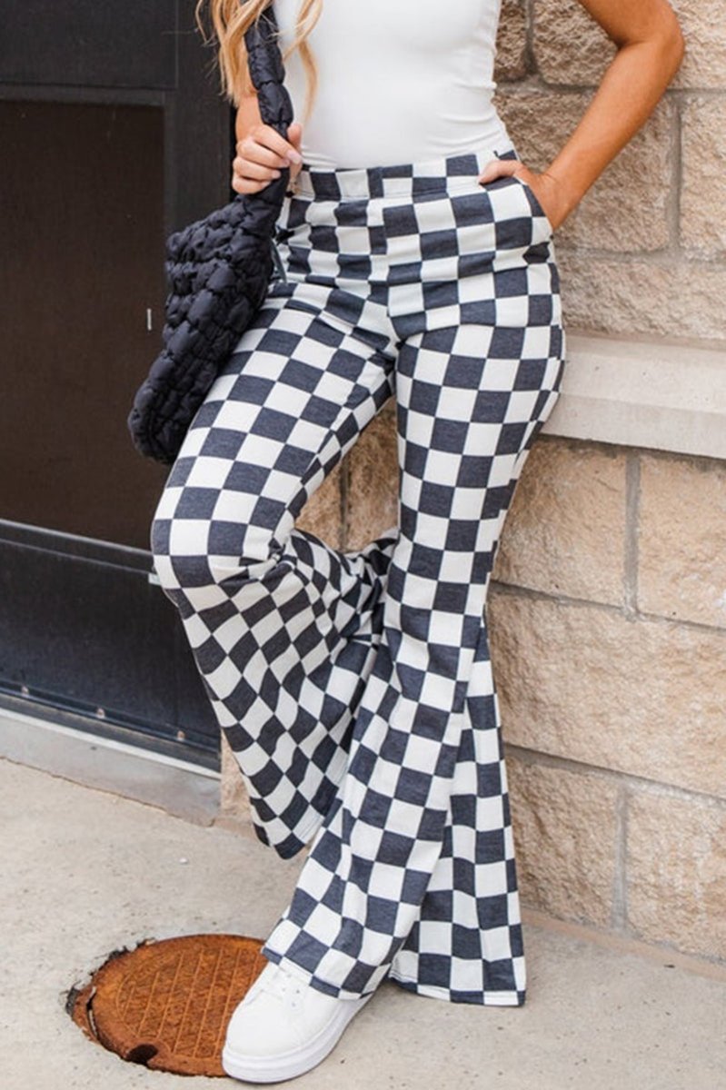 Black Kasie Check Flared High Rise Pants - Wholesale Accessory Market