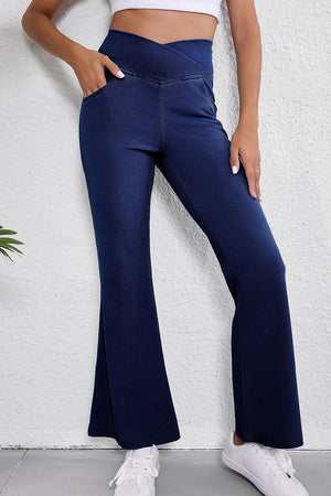 Don't Look Back Dusk Blue Crossed High Rise Flare Jeans - Wholesale Accessory Market