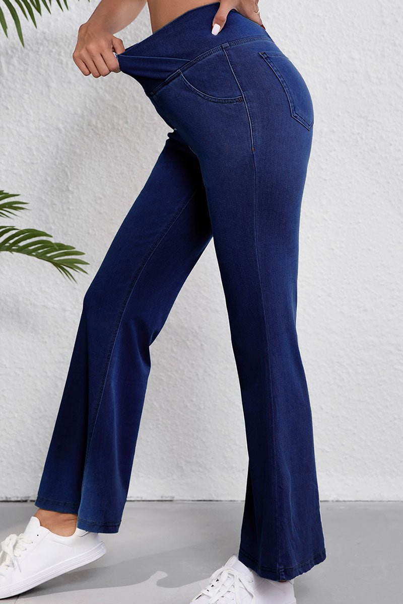 Don't Look Back Dusk Blue Crossed High Rise Flare Jeans - Wholesale Accessory Market