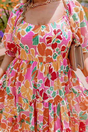 Plus Size Pink Blossom Smocked Tiered Dress - Wholesale Accessory Market