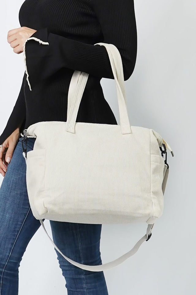 L.I.B. New York In The Moment Ivory Corduroy Pocket Tote - Wholesale Accessory Market