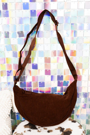 L.I.B. New York Out Exploring Brown Corduroy Half Moon Bag - Wholesale Accessory Market