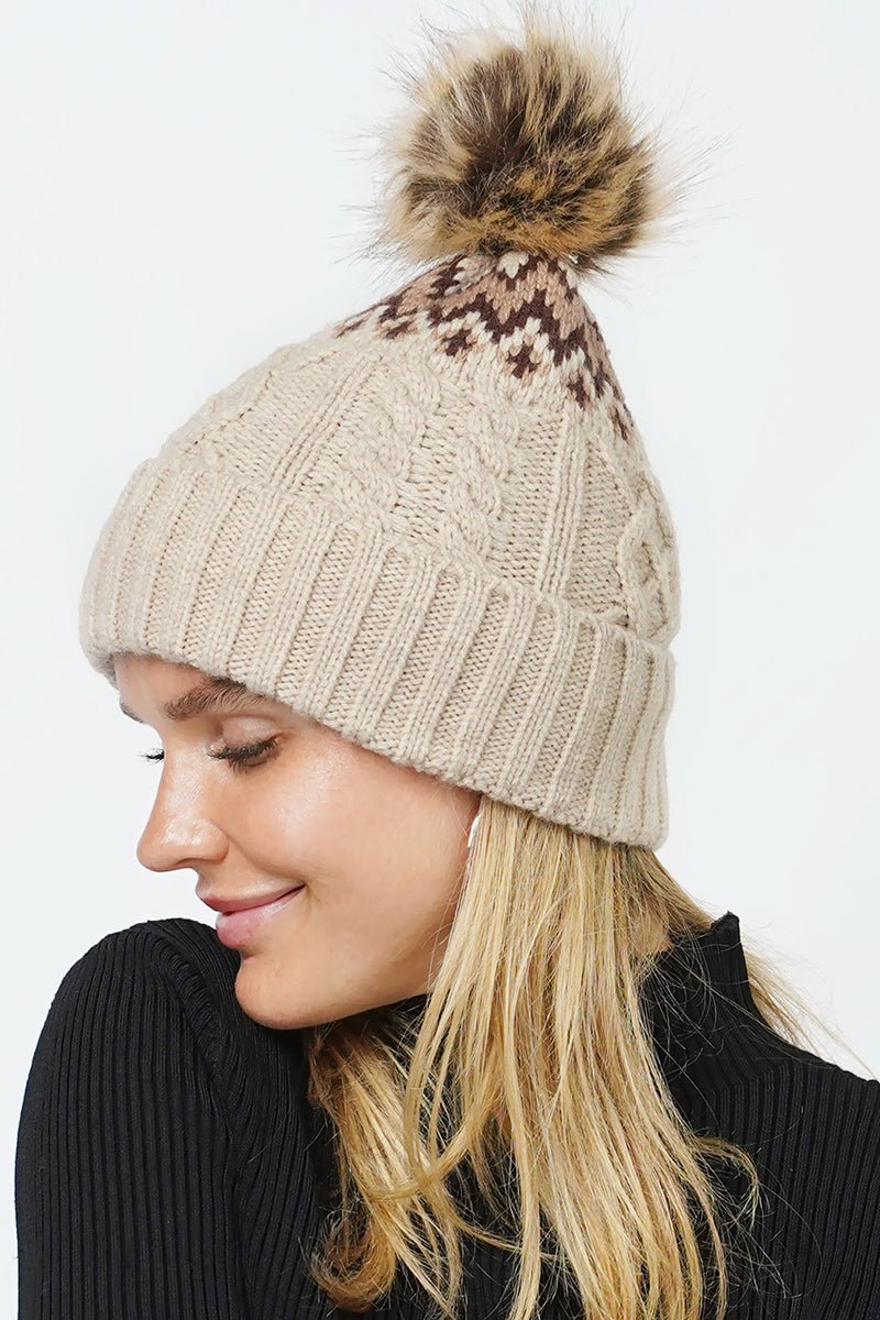 L.I.B. New York Winter Outing Pom Pom Beanie, Beige - Wholesale Accessory Market