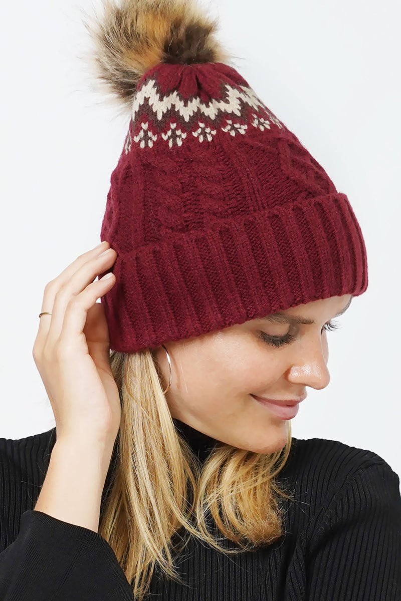 L.I.B. New York Winter Outing Pom Pom Beanie, Burgundy - Wholesale Accessory Market