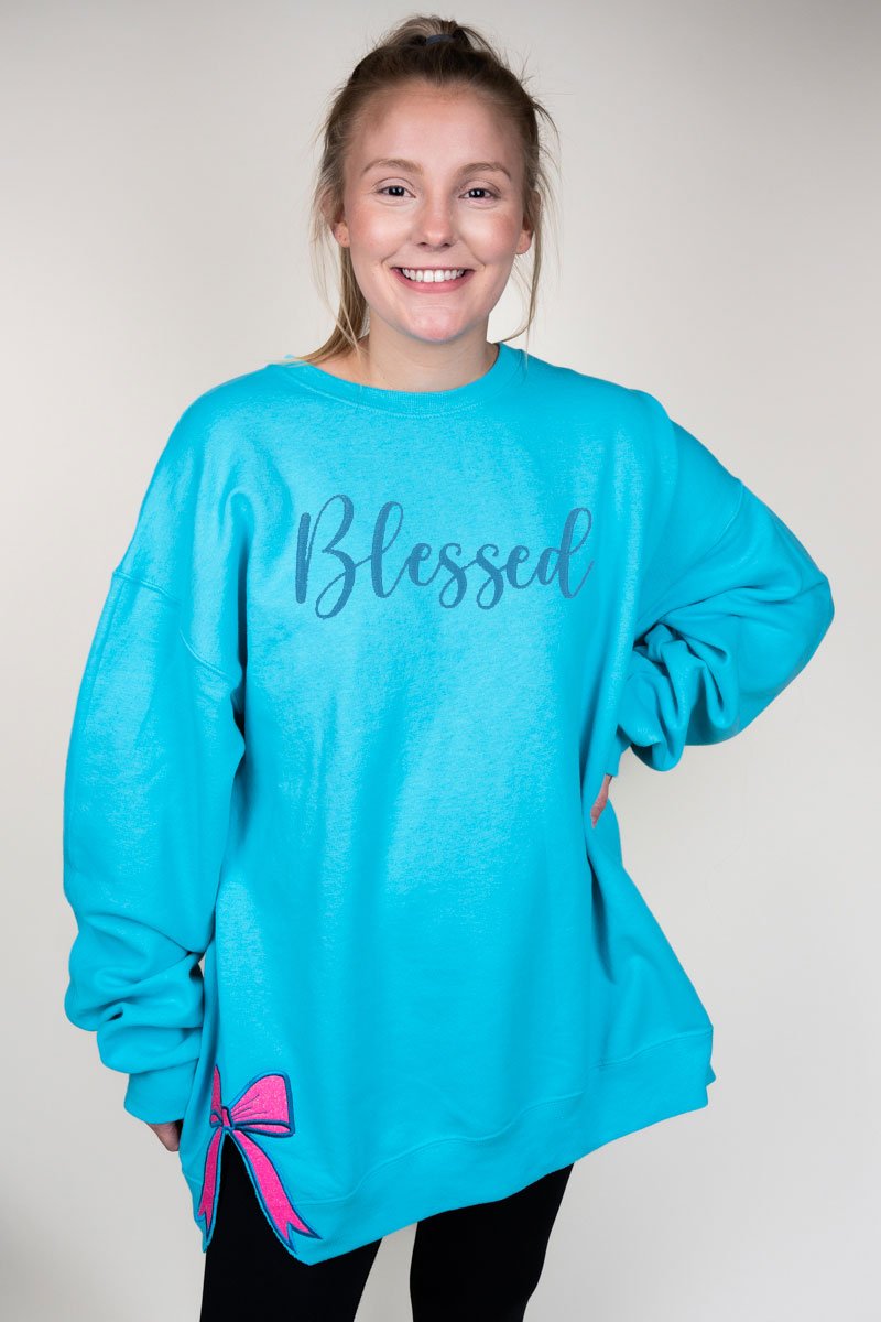 Scuba Blue You Design It Embroidered Side Bows Unisex NuBlend Crew Sweatshirt *Customize Your Text - Wholesale Accessory Market