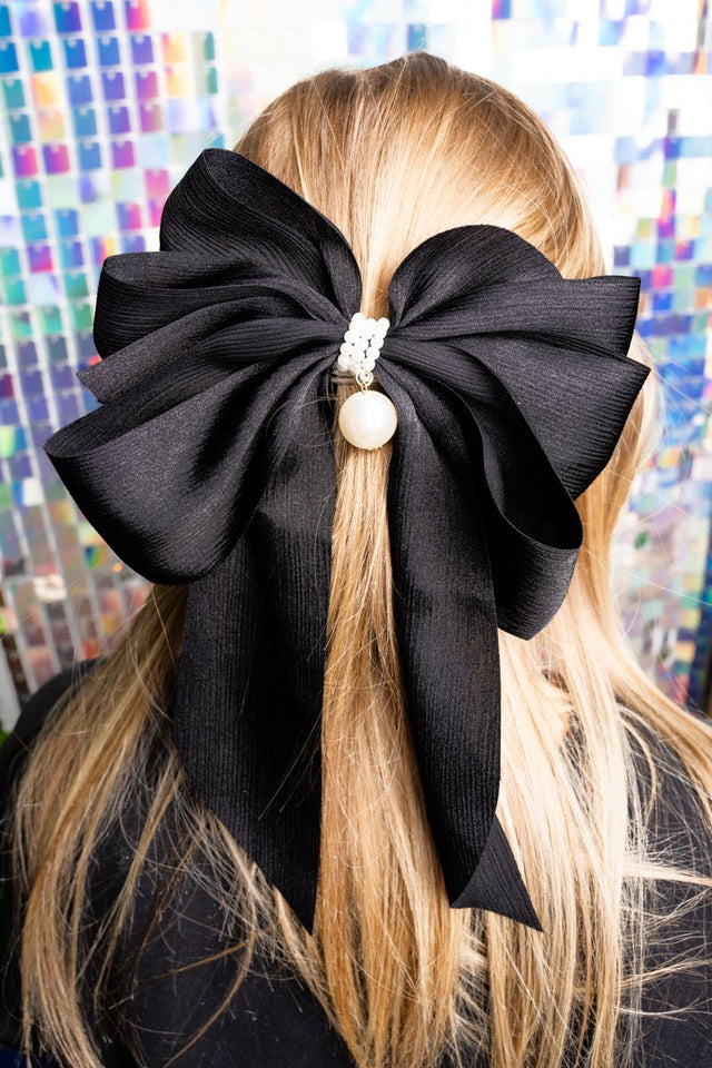 Style and Grace Black Pearl Hair Bow Barrette - Wholesale Accessory Market