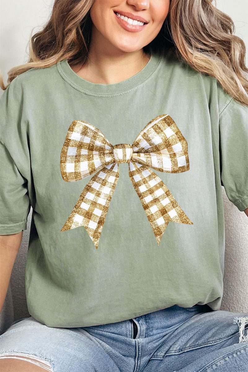 Gold Gingham Bow Comfort Colors Adult Ring - Spun Cotton Tee - Wholesale Accessory Market