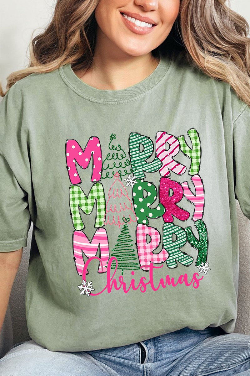 Green And Pink Merry Christmas Comfort Colors Adult Ring - Spun Cotton Tee - Wholesale Accessory Market