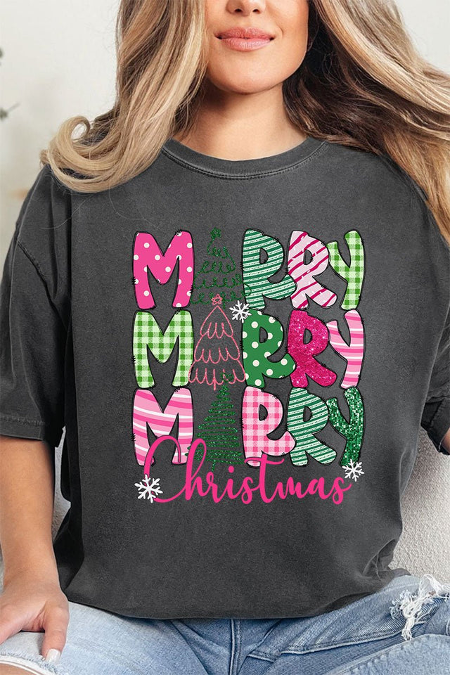 Green And Pink Merry Christmas Comfort Colors Adult Ring - Spun Cotton Tee - Wholesale Accessory Market