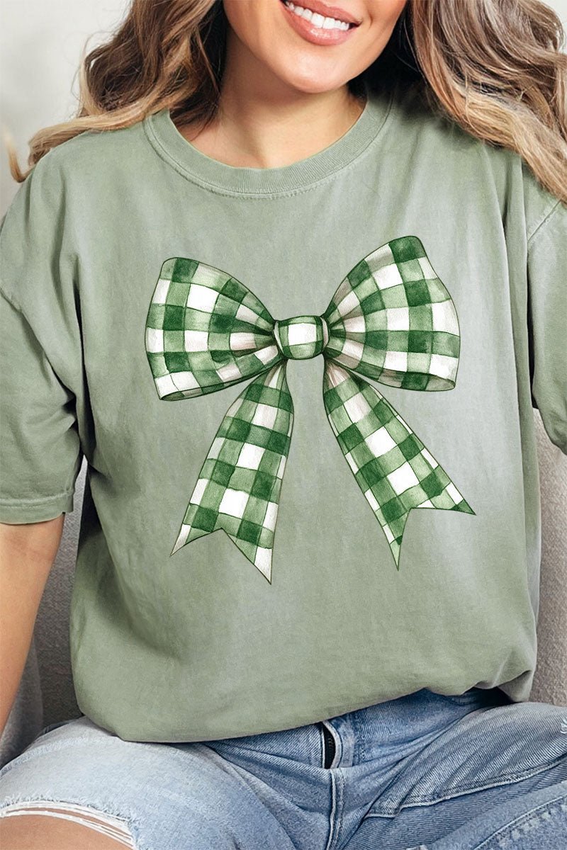 Green Gingham Bow Comfort Colors Adult Ring - Spun Cotton Tee - Wholesale Accessory Market