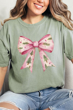 Pink Christmas Tree Bow Comfort Colors Adult Ring - Spun Cotton Tee - Wholesale Accessory Market