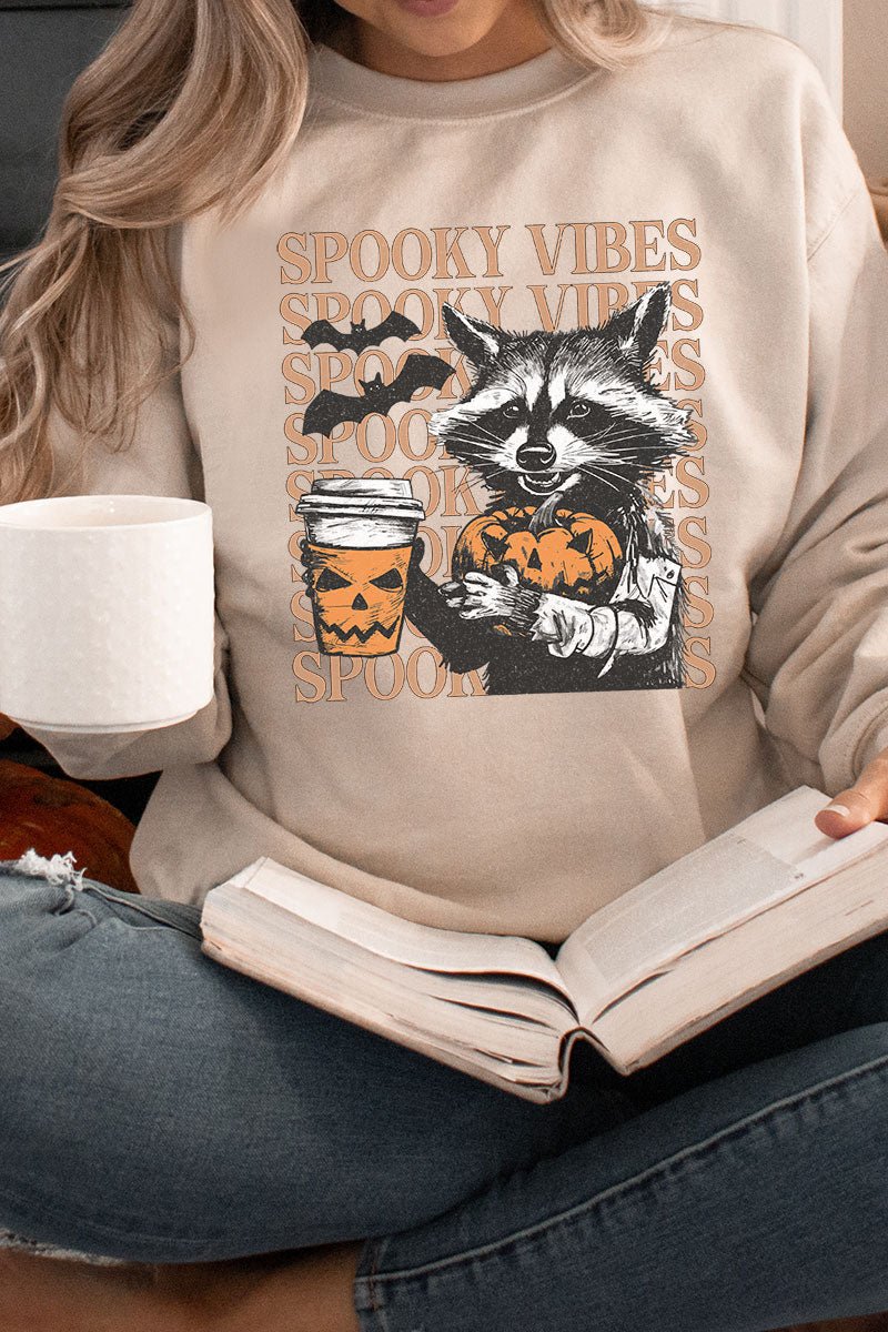 Raccoon Spooky Vibes Heavy - weight Crew Sweatshirt - Wholesale Accessory Market