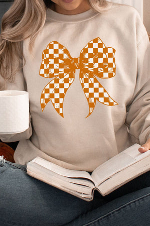 Orange Checkered Coquette Bow Heavy - weight Crew Sweatshirt - Wholesale Accessory Market