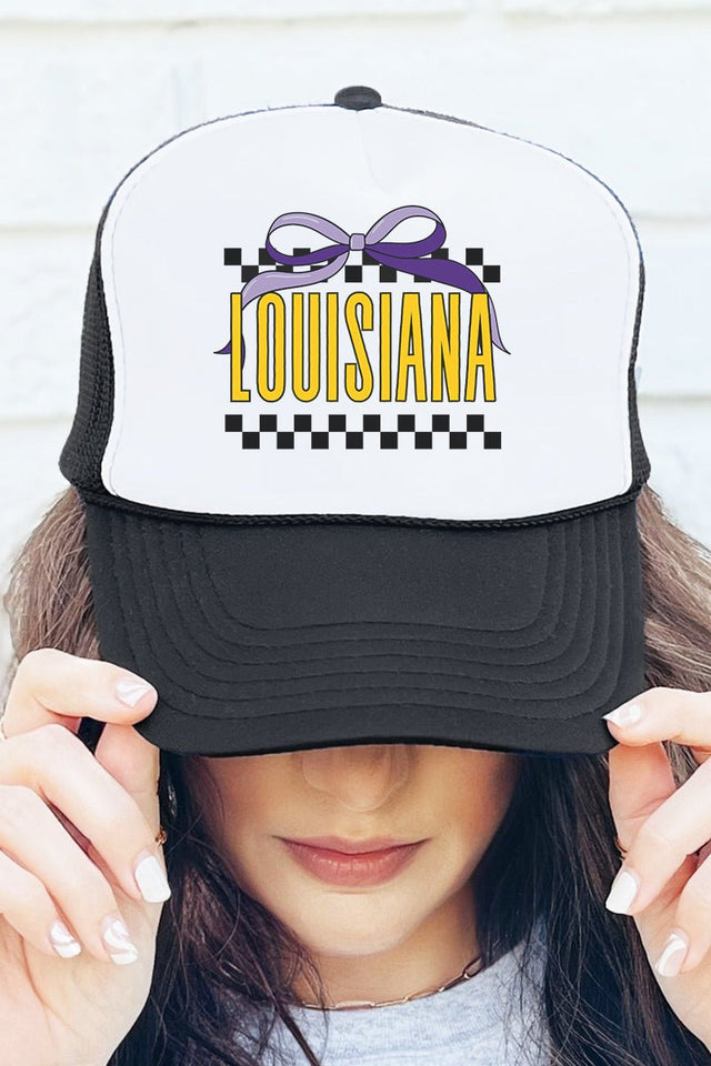 Bow Louisiana Check Otto Black with White Foam Front High Crown Trucker Hat - Wholesale Accessory Market