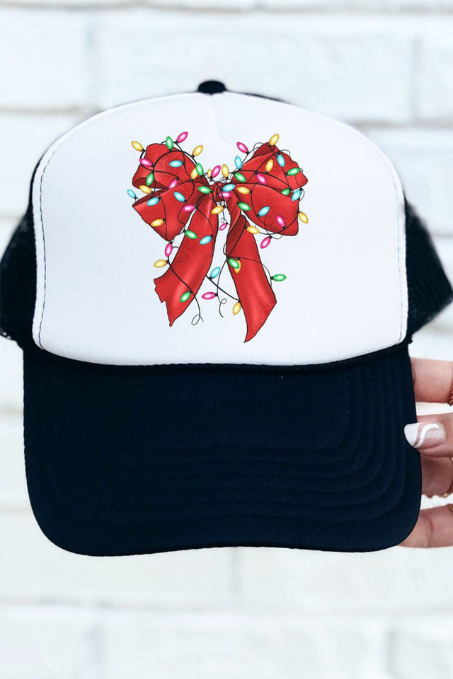 Christmas Lights Coquette Bow Otto Black with White Foam Front Trucker Hat - Wholesale Accessory Market