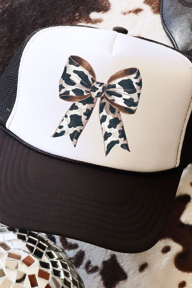 Cow Print Coquette Bow Otto Black with White Foam Front Trucker Hat - Wholesale Accessory Market