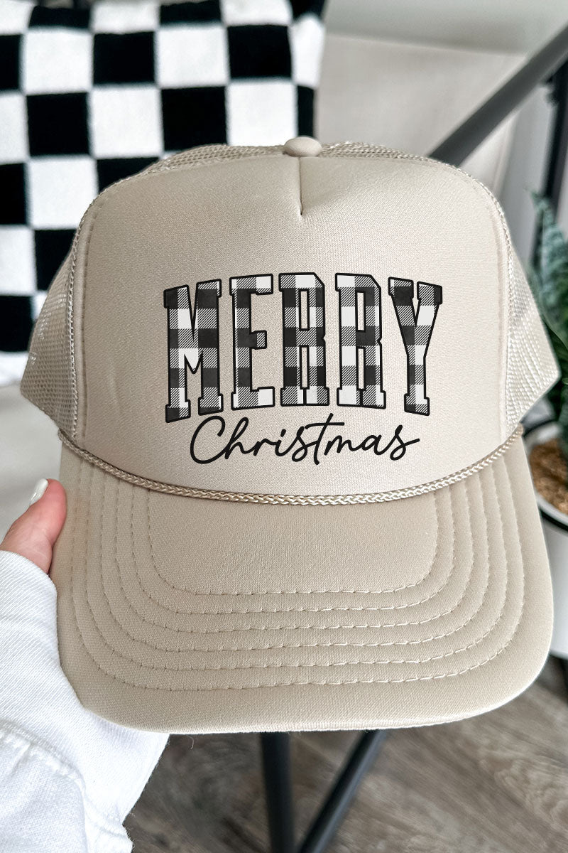 Black And White Buffalo Plaid Merry Christmas Otto Khaki Foam Front Trucker Hat - Wholesale Accessory Market