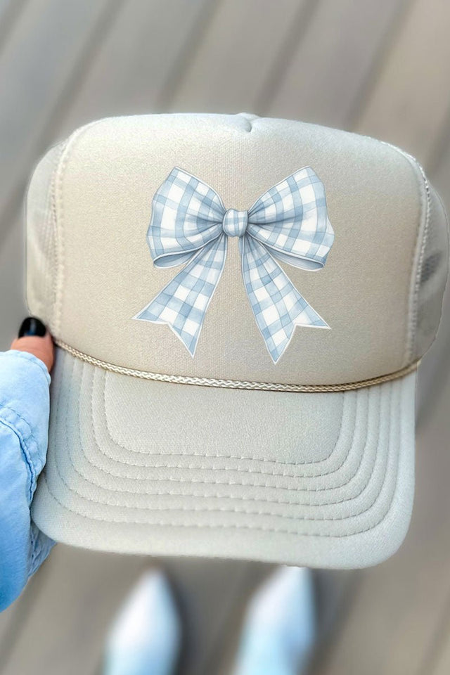 Blue Gingham Bow Otto Khaki Foam Front Trucker Hat - Wholesale Accessory Market