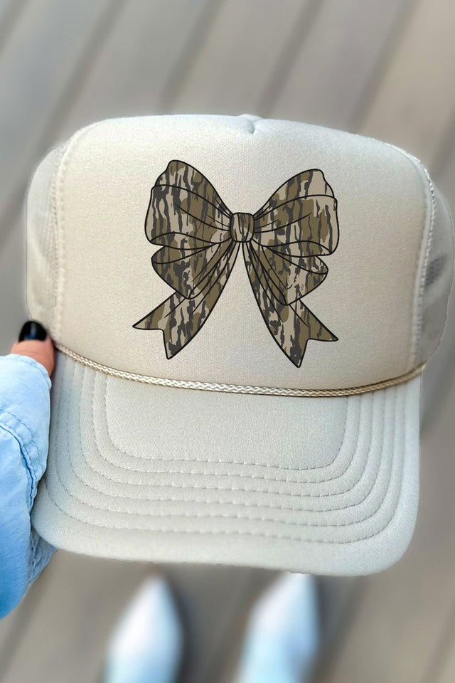 Camo Coquette Bow Otto Khaki Foam Front Trucker Hat - Wholesale Accessory Market