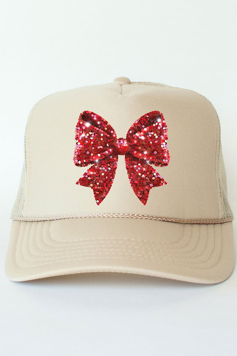 Faux Sequin Red Coquette Bow Otto Khaki Foam Front Trucker Hat - Wholesale Accessory Market