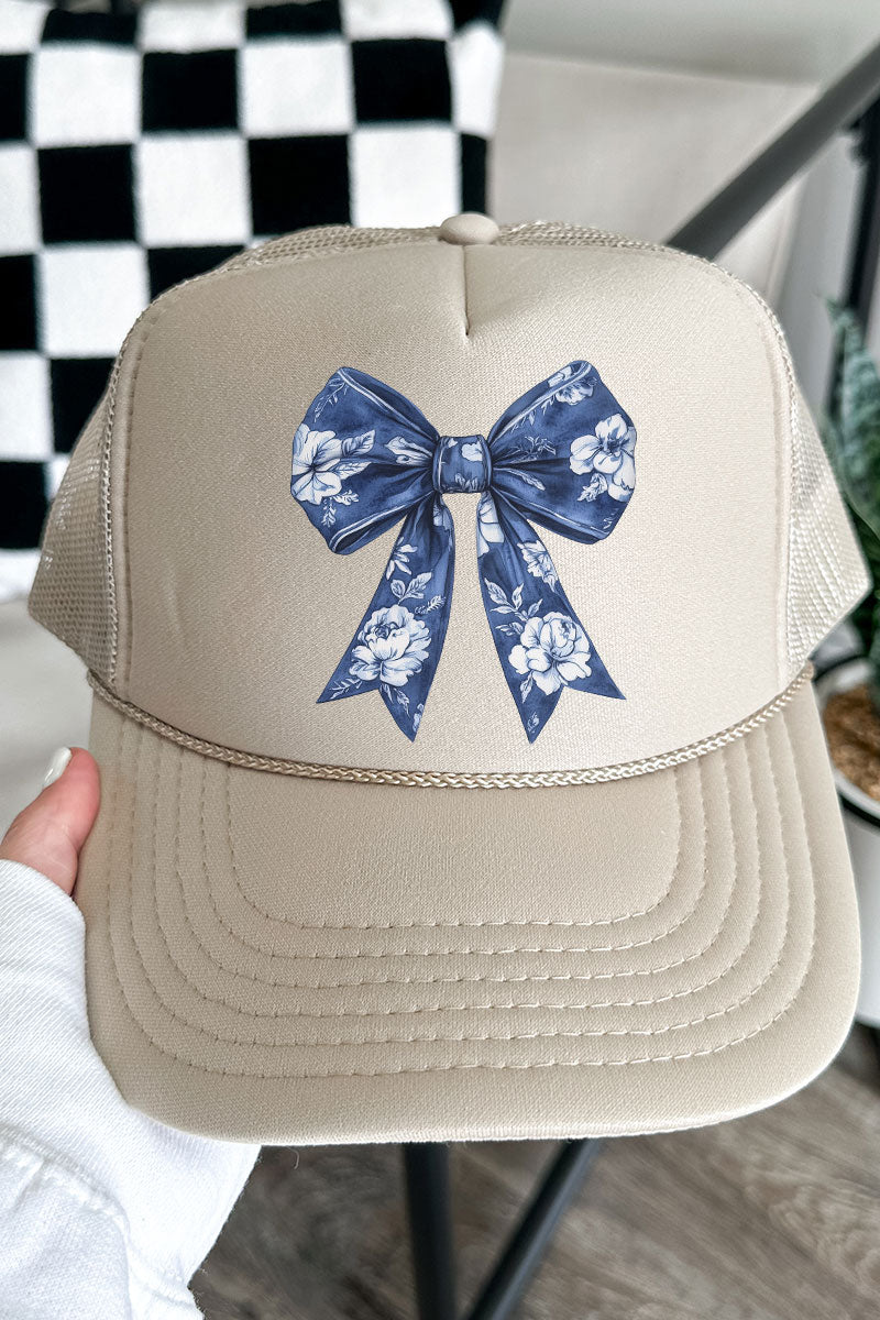 Imperial Blue Chinoiserie Bow Otto Khaki Foam Front Trucker Hat - Wholesale Accessory Market