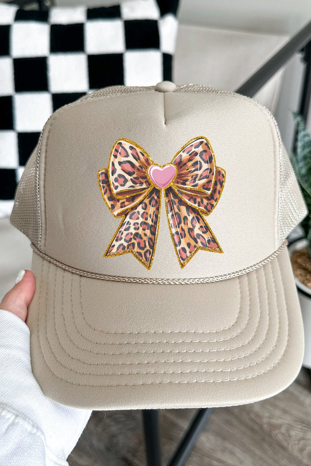 Leopard Love Bow Otto Khaki Foam Front Trucker Hat - Wholesale Accessory Market