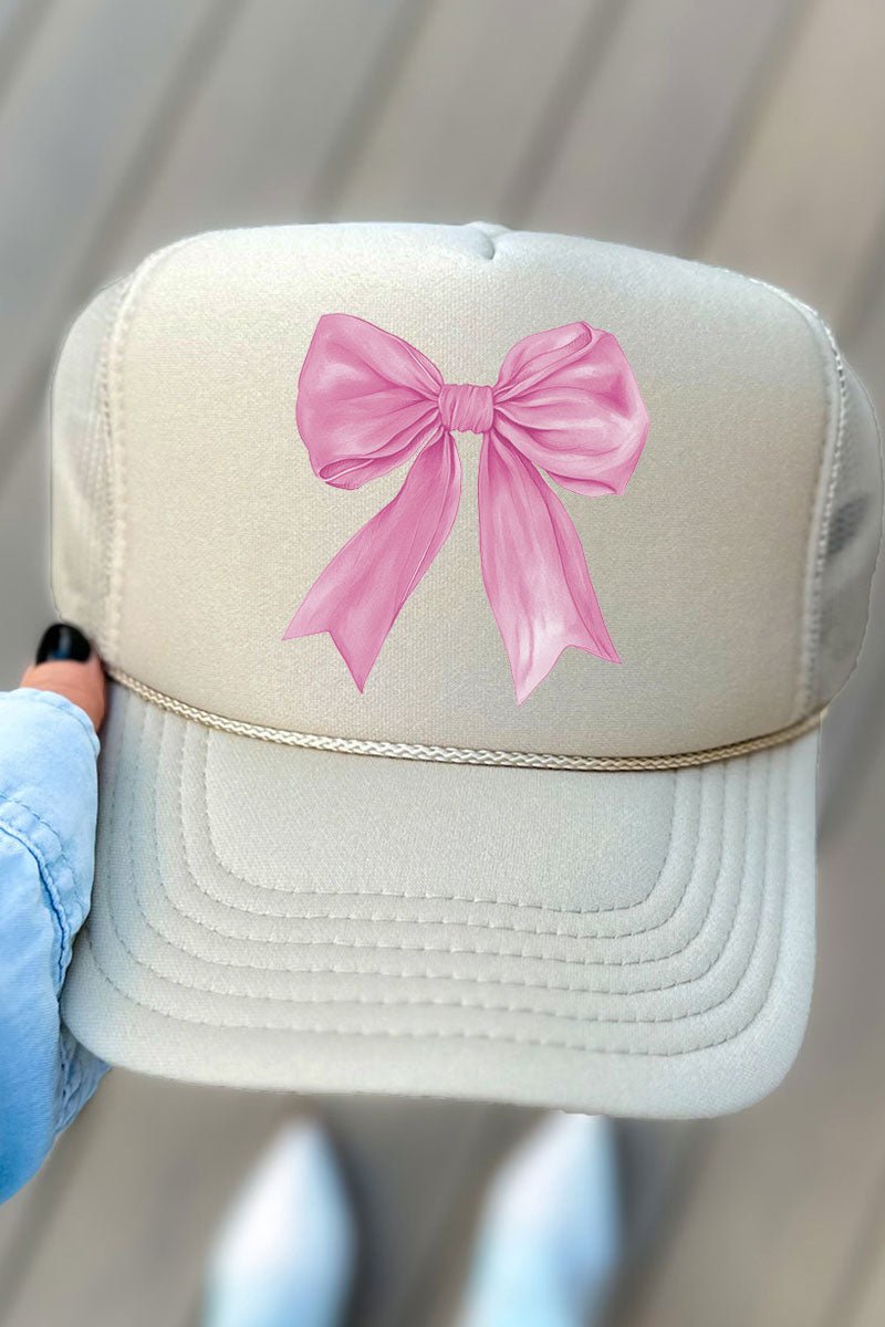 Pink Watercolor Bow Otto Khaki Foam Front Trucker Hat - Wholesale Accessory Market