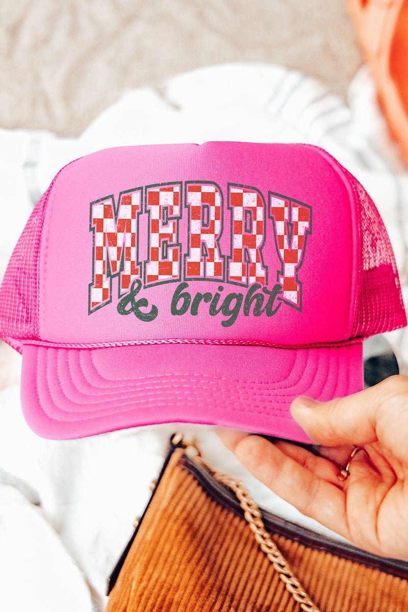 Merry And Bright Checkered Otto Neon Pink Foam Front Trucker Hat - Wholesale Accessory Market