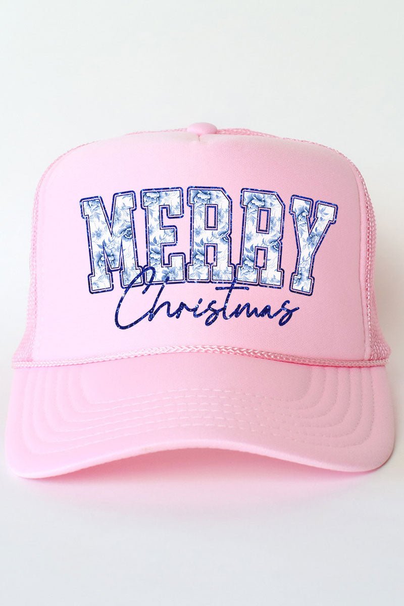 Chinoiserie Blue Merry Christmas Otto Soft Pink Foam Front Trucker Hat - Wholesale Accessory Market